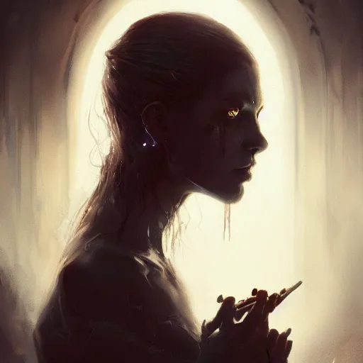 Image similar to young beautiful woman, glowing eyes, high detail, dramatic light, digital art, dark, painted by seb mckinnon and greg rutkowski, trending on artstation