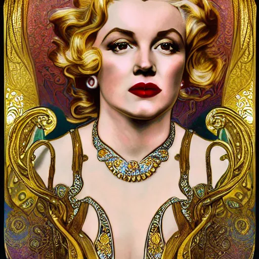 Prompt: !dream realistic detailed dramatic symmetrical portrait of Marilyn Monroe as Salome dancing, wearing an elaborate jeweled gown, by Alphonse Mucha and Gustav Klimt, gilded details, intricate spirals, coiled realistic serpents, Neo-Gothic, gothic, Art Nouveau, ornate medieval religious icon, long dark flowing hair spreading around her