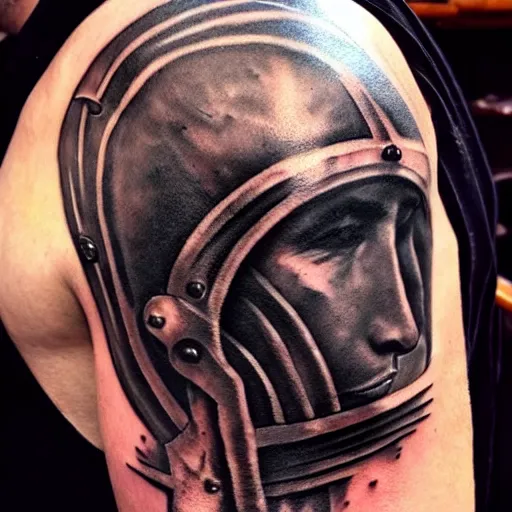 Image similar to A thracian helmet, tattoo, tattoo art, Black and grey tattoo style