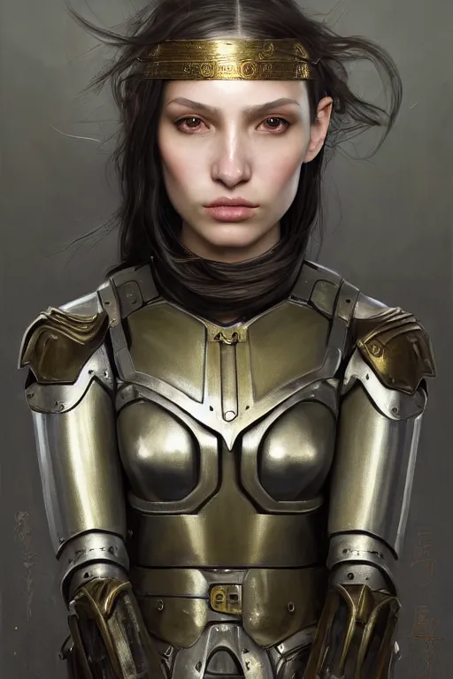 Image similar to a photorealistic painting of an attractive young girl, partially clothed in metal-plated battle armor, olive skin, long dark hair, beautiful bone structure, symmetrical face, perfect eyes, intricate, elegant, digital painting, concept art, illustration, sharp focus, minimal artifacts, from Metal Gear, in the style of Ruan Jia and Mandy Jurgens, by Greg Rutkowski, trending on Artstation, award winning