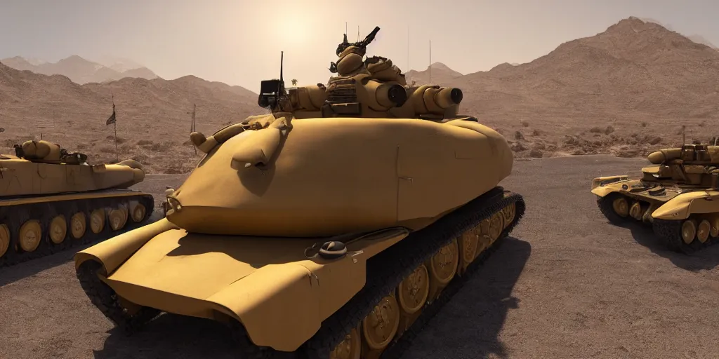 Prompt: minions riding on a m 1 abrams in afghanistan, behance contest winner, vanitas, angular, altermodern, unreal engine 5 highly rendered, global illumination, radiant light, detailed and intricate