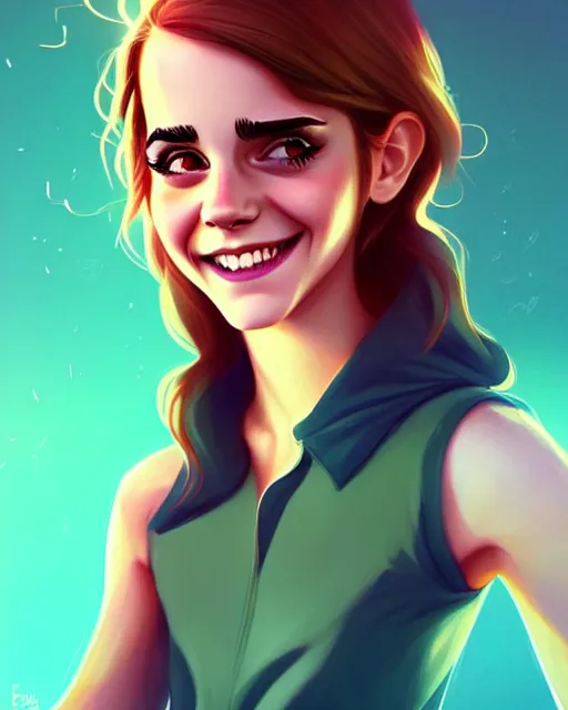 Image similar to beautiful full body Emma Watson goofy smiling illustration by lois van baarle and loish and ross tran and rossdraws and sam yang and samdoesarts and artgerm, digital art, highly detailed, intricate, sharp focus, Trending on Artstation HQ, deviantart