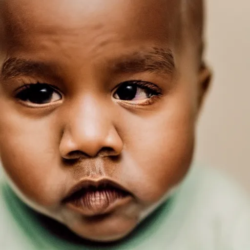 Image similar to the face of kanye west at 3 years old, portrait by julia cameron, chiaroscuro lighting, shallow depth of field, 8 0 mm, f 1. 8