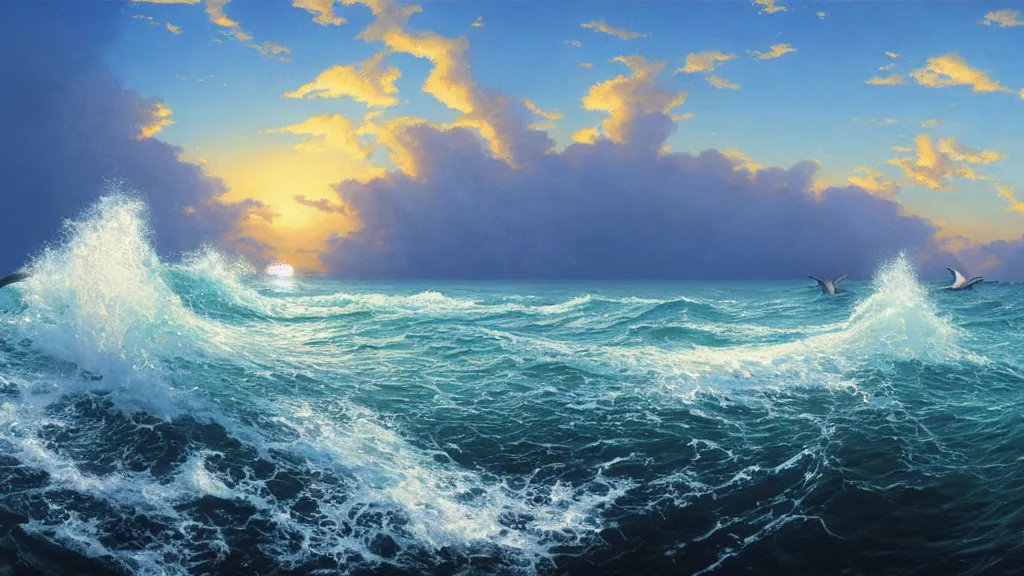 Image similar to first person view of breaking waves on the shore, summer, clear beautiful sky, bright sky, dolphins dolphin swimming, peaceful, amazing, by andreas rocha and john howe, and Martin Johnson Heade, featured on artstation, featured on behance, golden ratio, ultrawide angle, f32, well composed