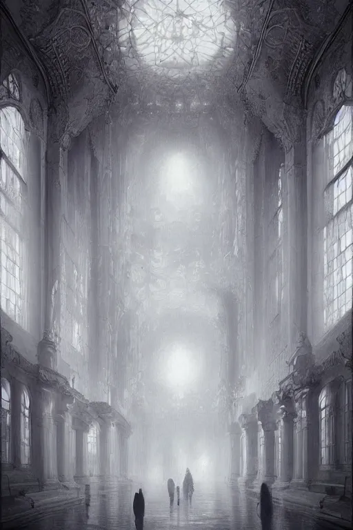 Image similar to By Tom Bagshaw, ultra realist soft painting of a castle court by night, centered fading Kpop female artist fully dressed, horror, omnious sky, symmetry accurate features, very intricate details, black and white, fading rainbow light, volumetric light clouds, artstation, 8K