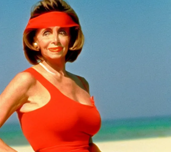 Prompt: color still shot of nancy pelosi on baywatch 1 9 8 9 tv show, face closeup,