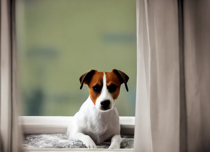 Image similar to photography of a Jack Russel . watching outside the window. on a bed. in a vintage room.,volumetric light, photorealistic,, award winning photo, 100mm, sharp, high res