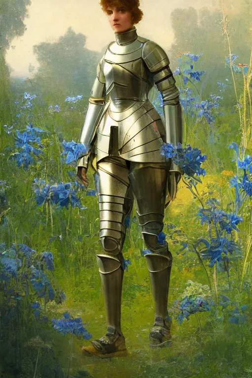 Prompt: female knight errant in a high tech botanical world with blue skies| pristine metals, glass and plants | solarpunk | artstation | | high detail | Jules Joseph Lefebvre