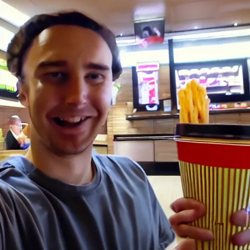 Image similar to gopro footage of me in mcdonalds ordering a cheeseburger, pov, dramatic