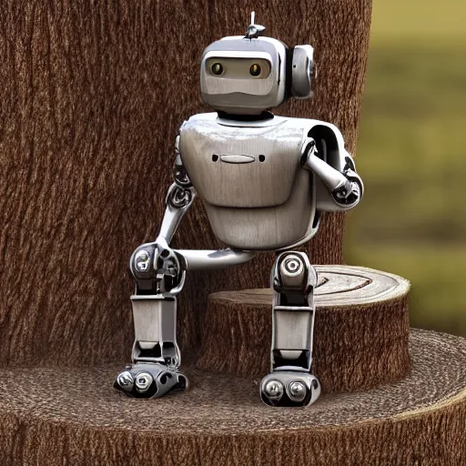 Prompt: bluegrass robot playing deering banjo, sitting on a stump, high detail, hyper realistic, octane render, unreal engine