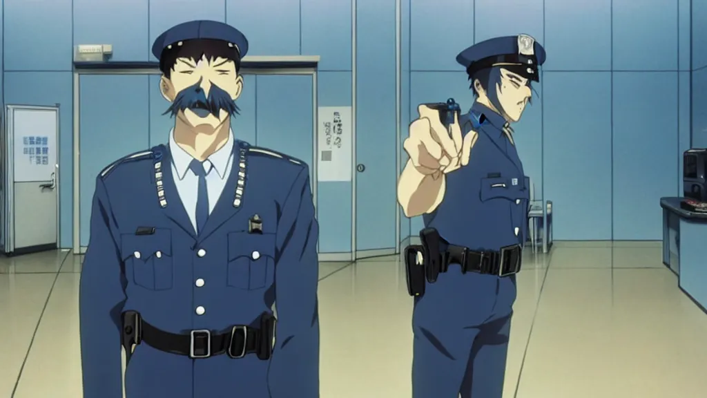 Prompt: a cop wearing a blue skunk mask standing in a police station, anime film still from the an anime directed by Katsuhiro Otomo with art direction by Salvador Dalí, wide lens