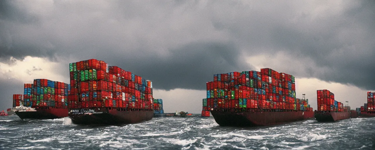 Prompt: a fleet of cargo ships transporting mounds of spaghetti, in the middle of a storm,, canon 5 0 mm, cinematic lighting, photography, retro, film, kodachrome