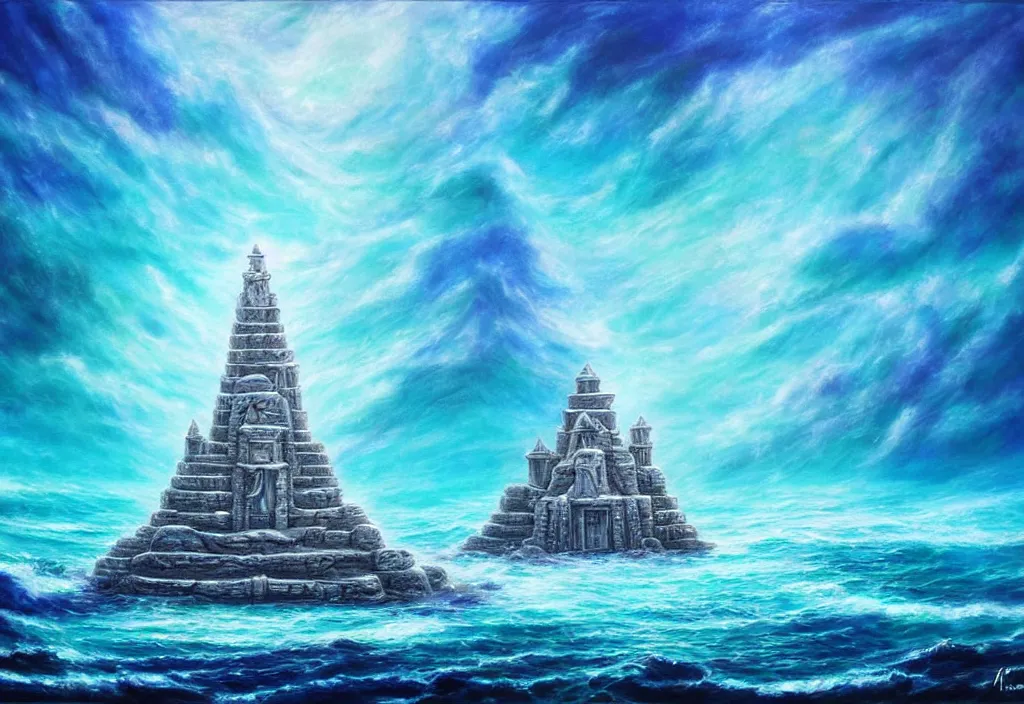 Image similar to ocean temple made out of crystalline blue stone, fantasy, mystical, ocean, 3 d, painting, ocean, water