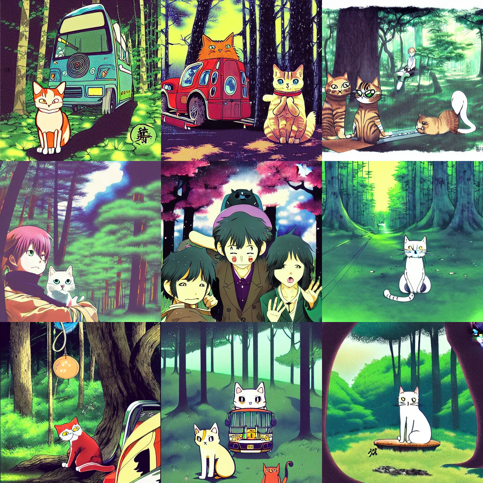Prompt: digital illustration anime cat as bus in the forest, by miazaki, by leiji matsumoto