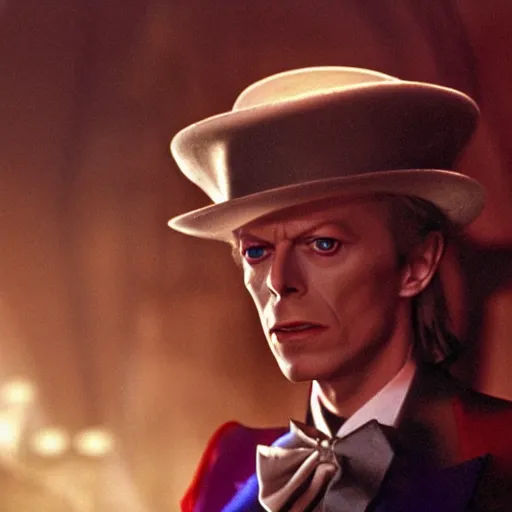 Image similar to stunning awe inspiring david bowie playing willy wonka, movie still 8 k hdr atmospheric lighting