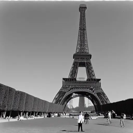 Image similar to a rabbit selfie in front of the eiffel tower, black and white vintage photograph