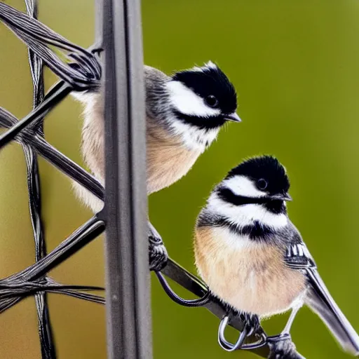 Prompt: three chickadees on a telephone wire, high quality, realistic, photograph, nature