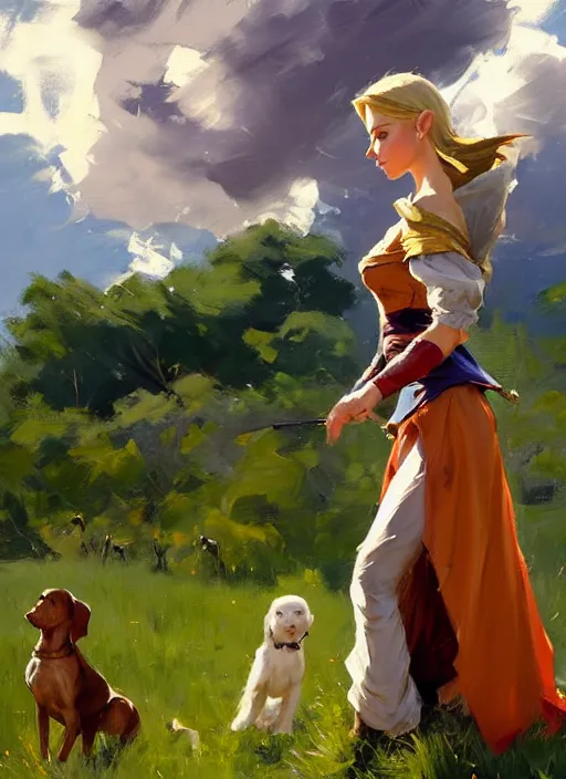 Image similar to Greg Manchess painting of prinzess Zelda in casual wear out playing with the dogs, countryside, fantasy character portrait, dynamic pose, above view, sunny day, thunder clouds in the sky, artwork by Jeremy Lipkin and Giuseppe Dangelico Pino and Michael Garmash and Rob Rey, very coherent asymmetrical artwork, sharp edges, perfect face, simple form, wacky, 100mm