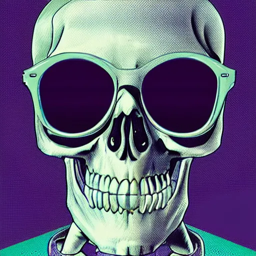 Prompt: skeleton with cool glasses in vaporwave art