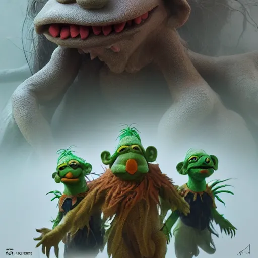 Image similar to muppet and concept art for jim henson's labyrinth goblins by brian froud rendered in octane trending on artstation 4 k