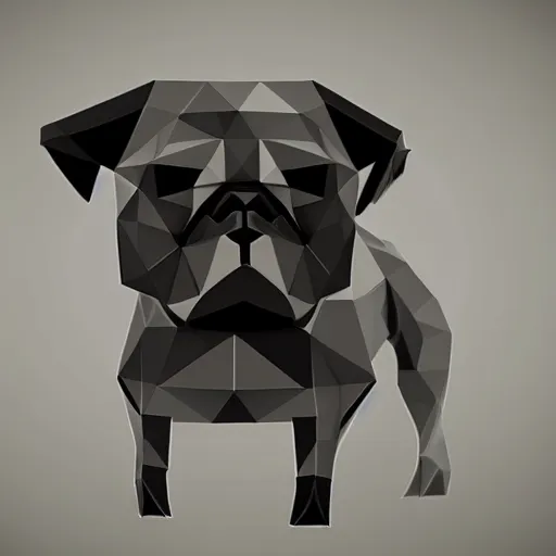 Prompt: origami low polygon, black pug, forest, digital art, hyper realistic