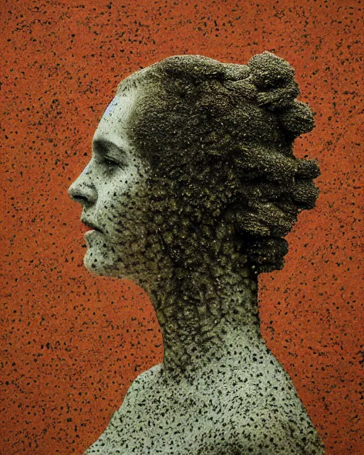 Image similar to a woman's face in profile, made of lichens, in the style of the dutch masters and gregory crewdson, dark and moody