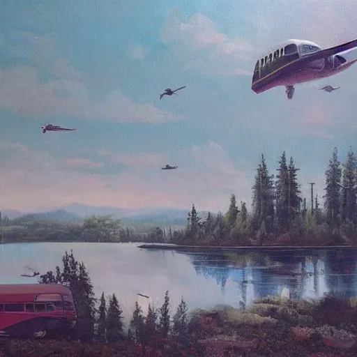 Image similar to a [ 5 0 s bus has airplane wings ] as it floats above a forest and lake, [ oil painting ]!!, trending on cgsociety, 4 k
