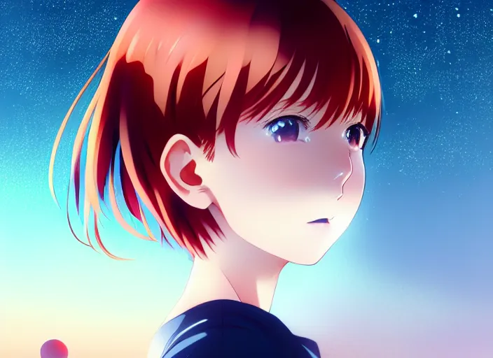 Image similar to anime visual, full body portrait a young woman with red hair looking up at the stars in the park at midnight, cute face by ilya kuvshinov, yoshinari yoh, makoto shinkai, katsura masakazu, dynamic perspective pose, detailed facial features, kyoani, rounded eyes, crisp and sharp, cel shad, anime poster, ambient light,