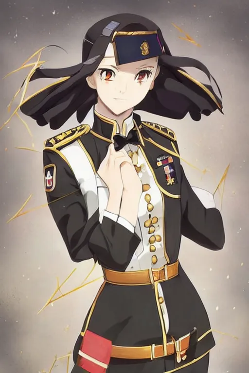 Image similar to key visual concept art, portrait of a stately anime girl wearing formal military dress uniform saluting at a full honors military funeral, somber, rule of thirds golden ratio, fake detail, trending pixiv fanbox, acrylic palette knife, style of shinkai makoto studio ghibli genshin impact