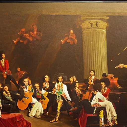 Image similar to oil painting of jimi hendrix performing at the vienna opera house, 1 7 8 5
