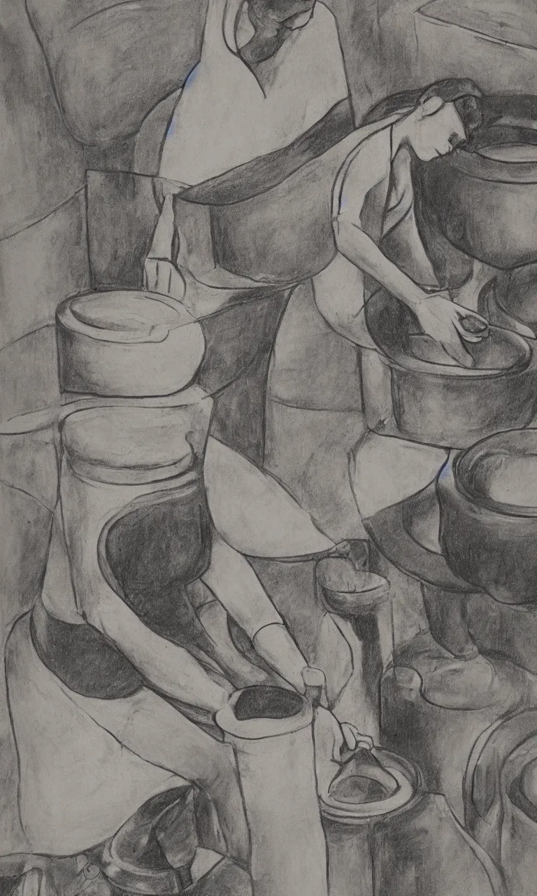 Image similar to abstract charcoal drawing of a woman at a pottery wheel making vases