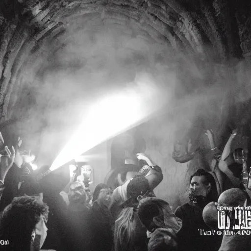 Image similar to underground party with smoke and laser system in paris catacombs, les catacombes, people dancing, dark, uv, techno, bones, underground party, photography canon