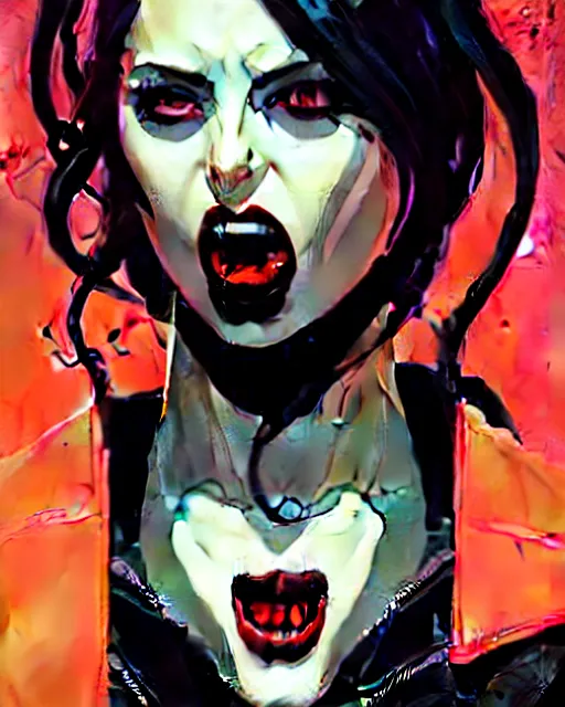 Prompt: rafael albuquerque comic art, peter mohrbacher, phil noto, steve niles, artgerm, pretty willa holland vampire sharp vampire teeth open mouth, symmetrical eyes, black leather jacket, jeans, long black hair