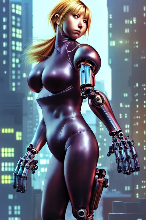 Image similar to wow! 3 / 4 stunning photorealistic portrait of samus aran in a kowloon cyberpunk cityscape, biomechanical bodysuit, oppai proportions, acid rain, dark fantasy by artgerm and clay mann and sorayama and alphonse mucha, very realistic, hyperdetailed, trending on artstation, octane render