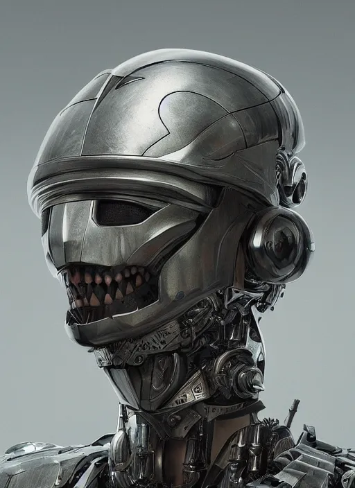 Image similar to portrait of a futuristic silver armored knight district 9 cyborg, in the style of the movie annihilation, modern fine art, fractal, intricate, elegant, highly detailed, digital photography, subsurface scattering, by jheronimus bosch and greg rutkowski,