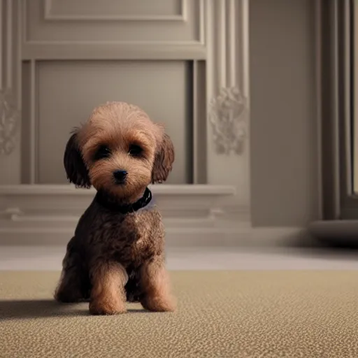 Prompt: octane render of a yorki-poo puppy sitting on a rug in a fancy living room, 8k, ultra intricate, ultra detailed,