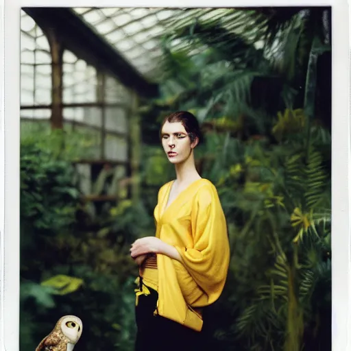 Prompt: head to shoulder portrait Polaroid film photograph of an elegant top model wearing a yellow kimono with a very detailed barn owl on her shoulder!!! in a tropical greenhouse. looking at the camera!!. super resolution. Polaroid 600 film. art by Alessio albi and john william waterhouse and Annie Leibovitz.