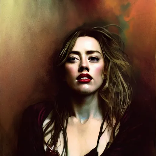 Image similar to hyperrealistic portrait of a woman as amber heard drinking wine in hell noir by jeremy mann and alphonse mucha, fantasy art, photo realistic, dynamic lighting, artstation, poster, volumetric lighting, very detailed faces, 4 k, award winning