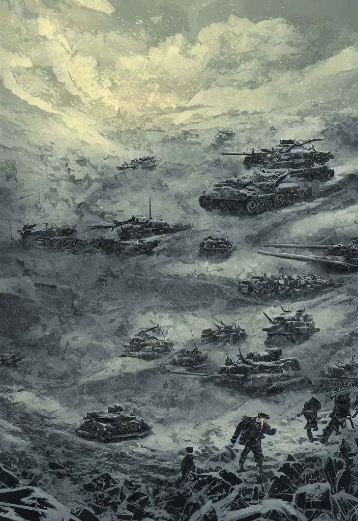 Image similar to handmade illustration of an epic and dramatic World War II war winter scene with german and soviet tanks involved firing each others, a very few soldiers running, blue sky with dramatic clouds with a snow storm, some mist grey smoke and fire, explosions, line art, ink, ol on canvas by Kilian Eng and by Jake Parker, heavy brushstrokes, winning-award masterpiece, fantastic, octane render, 8K HD Resolution, High quality image