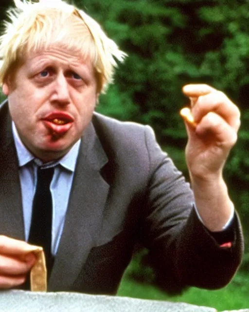 Image similar to film still close - up shot of boris johnson picking his nose from the movie monty python's the meaning of life. photographic, photography