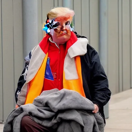 Image similar to donald trump dressed as a homeless man living in the slums