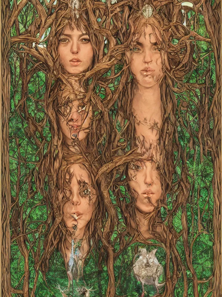 Prompt: lady of the forest, tarot, trending on artstation, striking eyes, symmetrical, 8k, incredible detail