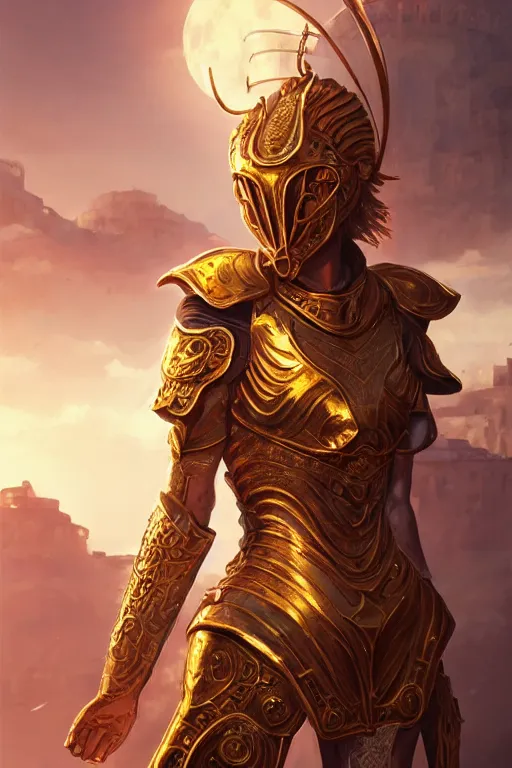 Image similar to portrait knights of zodiac girl, golden and copper shining armor, karate pose in ruined agora of athens sunrise, ssci - fi and fantasy, intricate and very very beautiful and elegant, highly detailed, digital painting, artstation, concept art, smooth and sharp focus, illustration, art by tian zi and wlop and z - - ed