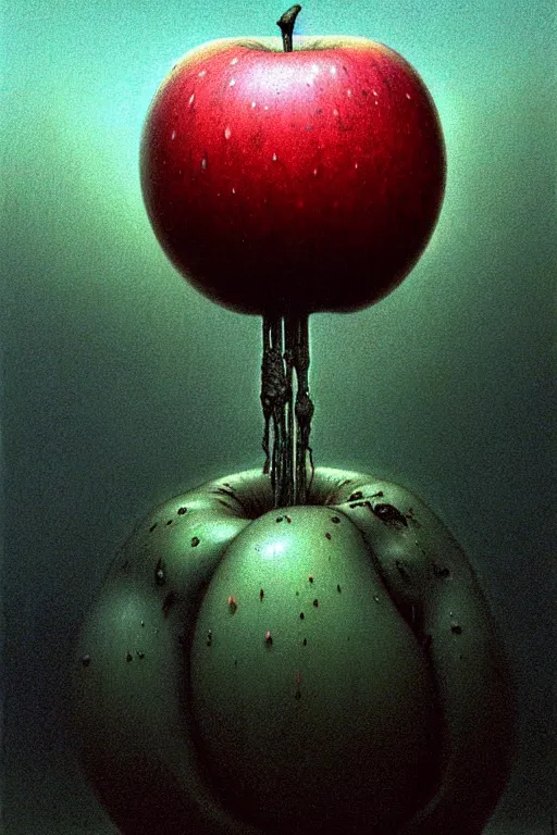 Prompt: something strange on my apple, close up of an apple, by zdzislaw beksinski, by dariusz zawadzki, by wayne barlowe, gothic, surrealism, cosmic horror, lovecraftian, cold hue's, warm tone gradient background, concept art, beautiful composition