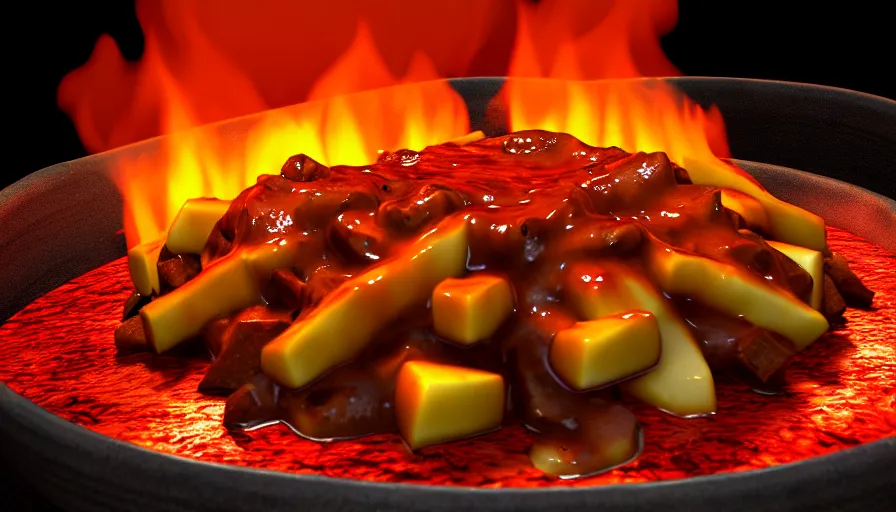 Prompt: poutine ( the canadian meal ) from mount doom, volcano texture, lava texture, fire texture, 8 k, octande render, unreal engine 5, surface blemishes, hdr