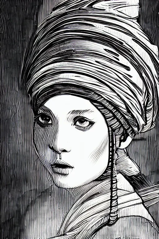 Image similar to beautiful portrait of a woman, negative no not the girl with a pearl earring, highly detailed ink illustration of a narrow neon lit tokyo alley, b & w clean shaped illustration by kim jung gi, ric estrada, ron english and eiichiro oda