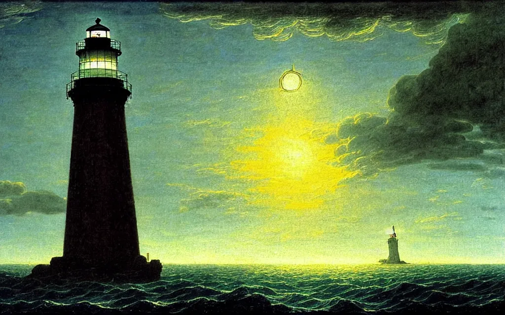 Prompt: a lighthouse in the middle of the ocean, painting by Caspar David Friedrich, gothic art, apocalypse landscape, atmospheric, nightscape, highly detailed