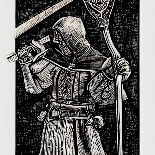 Prompt: medieval executioner holding an axe, high details, intricately detailed, by vincent di fate, inking, 3 color screen print, masterpiece, trending on artstation,, sharp, details, hyper - detailed, hd, 4 k, 8 k n - 7
