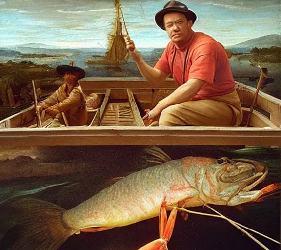 Image similar to Tom hanks as forrest fishing for shrimp in a giant shrimp boat, majestic beautiful world, renaissance painting, amazing detail