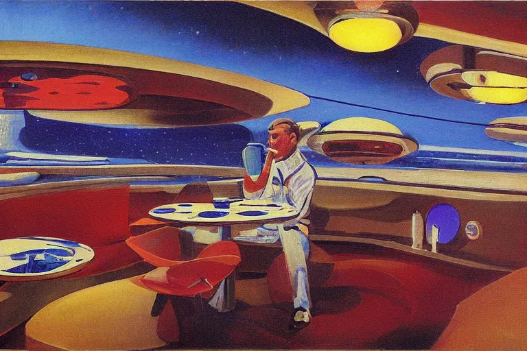 Image similar to coffee shop in a spaceship by robert theodore mccall